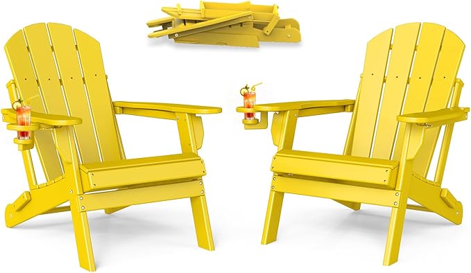 BRIOPAWS Folding-Adirondack-Chairs Set of 2 | HDPE | Fire Pit Chair | Cup Holder | Weather Resistance | Yellow | for Outdoor Backyard Deck Patio