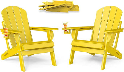 BRIOPAWS Folding-Adirondack-Chairs Set of 2 | HDPE | Fire Pit Chair | Cup Holder | Weather Resistance | Yellow | for Outdoor Backyard Deck Patio
