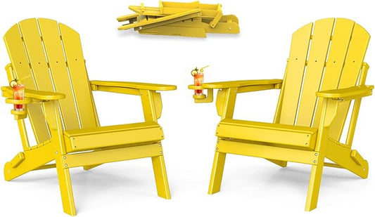 BRIOPAWS Folding-Adirondack-Chairs Set of 2 | HDPE | Fire Pit Chair | Cup Holder | Weather Resistance | Yellow | for Outdoor Backyard Deck Patio