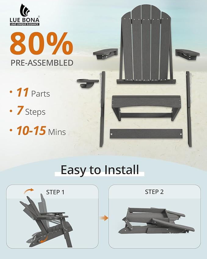 LUE BONA Folding Adirondack Chair, Chairs Set of 6, Cup Holder, Woodgrain, Fire Pit, Patio, Pool, Dark Grey - Photo 3