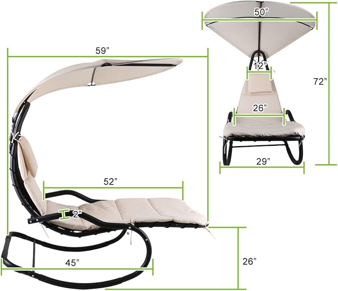 Outdoor Hammock Rocking Chaise Lounge Swing Chair, with Stand and Canopy, Porch Swing w/Soft Cushion Removable Headrest - Photo 2