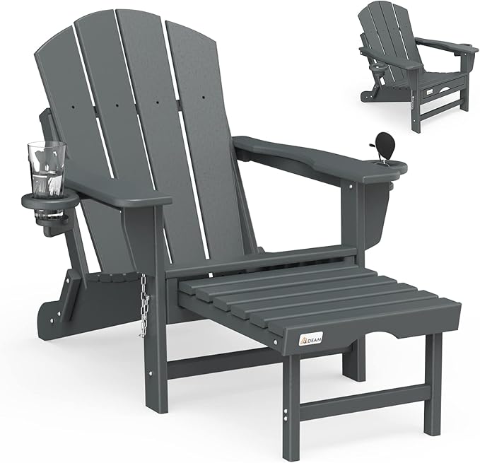 Mdeam Folding Adirondack Chair with Retractable Ottoman, HDPE All-Weather Fire Pit Chair with 2 Cup Holders, Outdoor Chair for Deck Patio Garden Backyard Lawn (Grey)