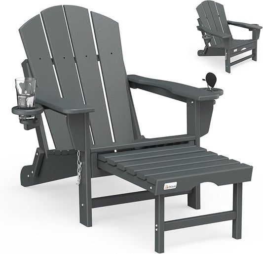 Mdeam Folding Adirondack Chair with Retractable Ottoman, HDPE All-Weather Fire Pit Chair with 2 Cup Holders, Outdoor Chair for Deck Patio Garden Backyard Lawn (Grey)
