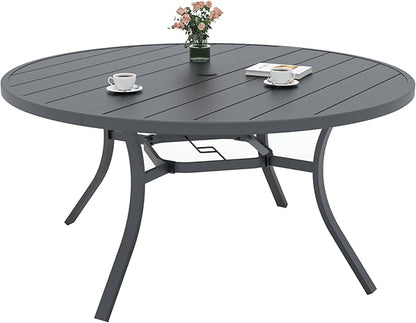 Outdoor Patio Round Dining Table, 54"x 54" Metal Slatted Round Tabletop with Adjustable Umbrella Hole for Deck Lawn Garden Backyard Balcony Deck, Black