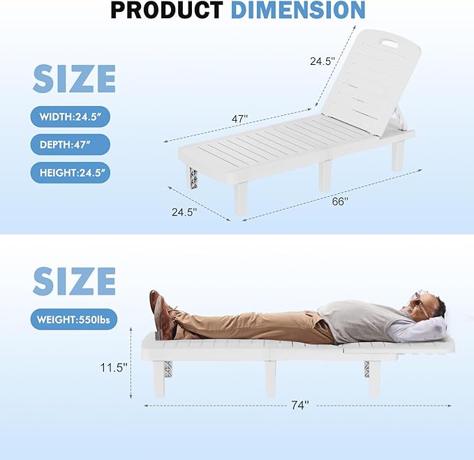 WACASA Outdoor Chaise Lounge Chairs Set of 2, Oversized Lounge Chairs with 5-Level Adjustable Backrest & Cup Holder, Resin Waterproof Pool Lounge Chair for Poolside, Patio, Beach, Yard, White