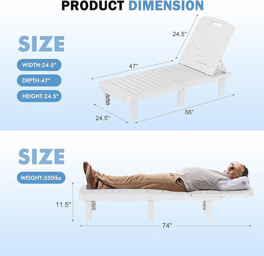 WACASA Outdoor Chaise Lounge Chairs Set of 2, Oversized Lounge Chairs with 5-Level Adjustable Backrest & Cup Holder, Resin Waterproof Pool Lounge Chair for Poolside, Patio, Beach, Yard, White