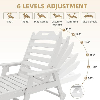 Mdeam 6-Position Lounge Chair Outdoor, 22" W Oversized Sun Tanning Chair, 500LBS Capacity, HDPE All-Weather Patio Lounge Chaise with Wheels Cup Holder for Pool Beach Backyard Lawn Deck, White