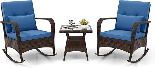 ORALNER 3 Pieces Patio Furniture Set, Outdoor Wicker Rocking Chairs with Cushions, Pillows, Glass Coffee Table, Rattan Bistro Rocker Set for Balcony Front Porch Poolside Garden Deck Yard (Navy)
