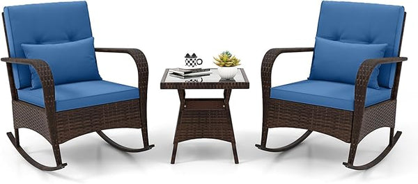 ORALNER 3 Pieces Patio Furniture Set, Outdoor Wicker Rocking Chairs with Cushions, Pillows, Glass Coffee Table - Photo 1
