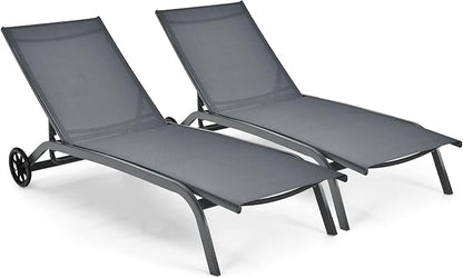 Giantex Patio Lounge Chairs for Pool Area, Outdoor Chaise Lounger with 6 Adjustable Position Smooth Wheels and Quick-Drying Fabric, Lawn Recliner for Backyard, Garden Sunbathing Chair (2, Gray)