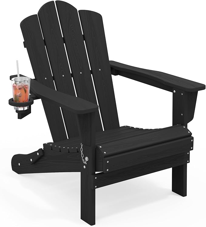 KINGYES Folding Adirondack Chair, HDPE All-Weather Patio Chairs with Cup Holder, Wooden Textured Fire Pit Chairs for Poolside, Backyard, Deck, Black