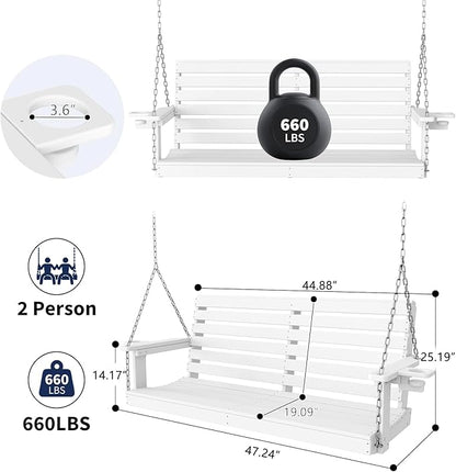Plawdlik Porch Swings,2 Seat Patio Chair with Two Cup Holders,HDPE Waterproof Bench for Courtyard-White