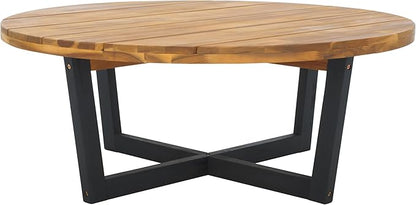SAFAVIEH Outdoor Collection Leo Natural/Black 4-Leg Round Coffee Table, Ideal for Deck, Patio, Backyard, Sunroom