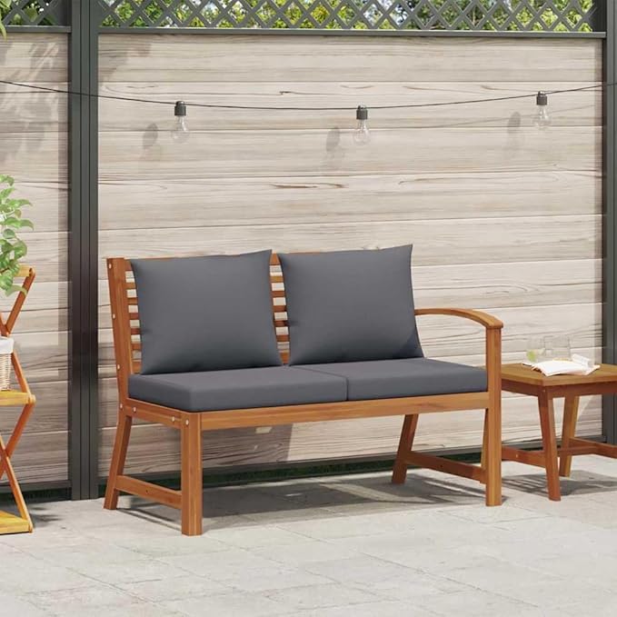 Dark Grey Solid Acacia Wood Outdoor Sectional Bench 45.1 Inch with Cushions, Durable Garden Furniture for Patio Balcony Backyard Seating