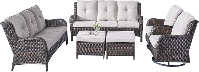 Rilyson Wicker Patio Furniture Set - 6 Piece Rattan Outdoor Sectional Conversation Sets with 2 Rocking Swivel Chairs - Photo 2