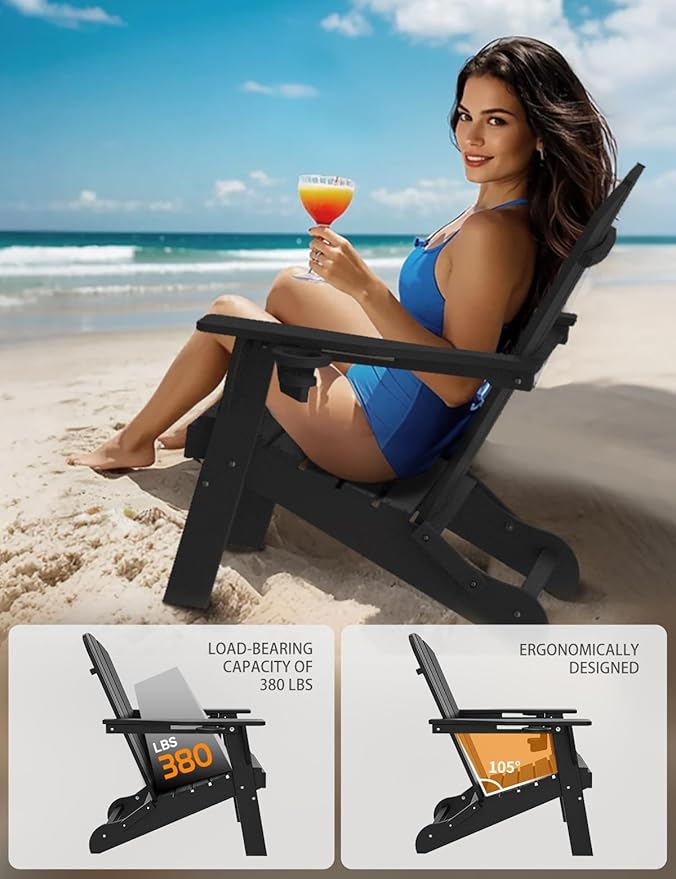 Folding Adirondack Chair Set of 2, Wooden Textured Plastic Adirondack Chairs with 2 Cup Holder, Weather Resistant HDPE Fire Pit Chair, Outdoor Patio Chairs for Garden, Backyard, Lawn, Deck, Black