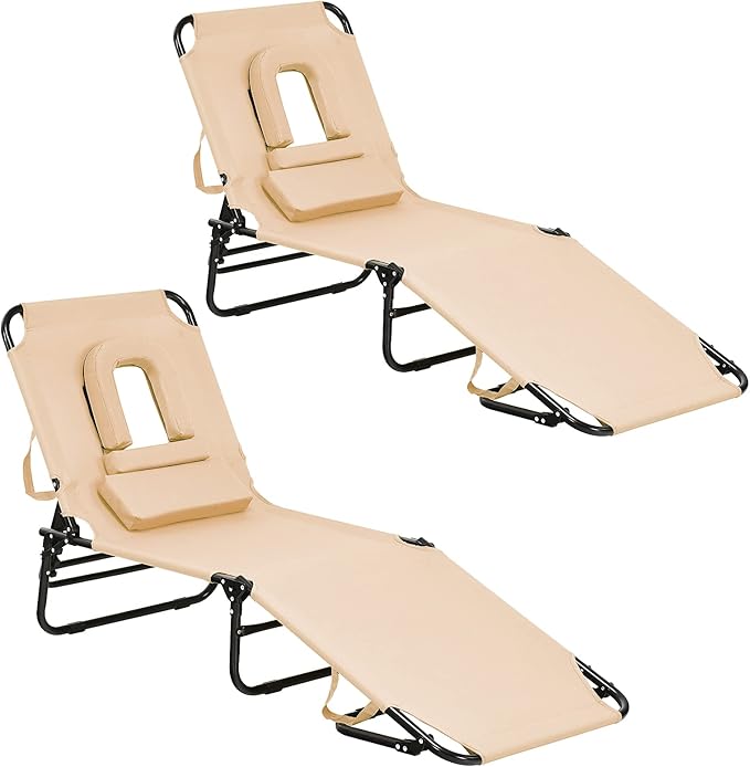 GYMAX Beach Lounge Chair, Sunbathing Chair Patio Lounge Chair Folding Adjustable Recliner with Hole for Face