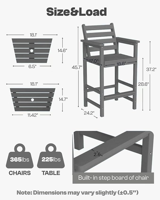 Tall HDPE Adirondack Bar Chairs Set of 2, Outdoor Balcony Bar-Height Chairs with Extra-Large Side Trays & 2" Umbrella Hole, All-Weather Patio Stools for Porch, Deck, Garden (Gray, 2chair)