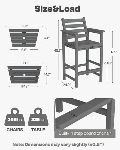 Tall HDPE Adirondack Bar Chairs Set of 2, Outdoor Balcony Bar-Height Chairs with Extra-Large Side Trays & 2" Umbrella Hole, All-Weather Patio Stools for Porch, Deck, Garden (Gray, 2chair)