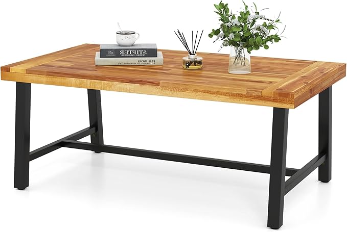 HAPPYGRILL Acacia Wood Patio Coffee Table, Outdoor Rectangular Center Table with Sturdy Metal Frame, Adjustable Leveling Feet, Tea Table for Balcony, Poolside, Porch, Deck