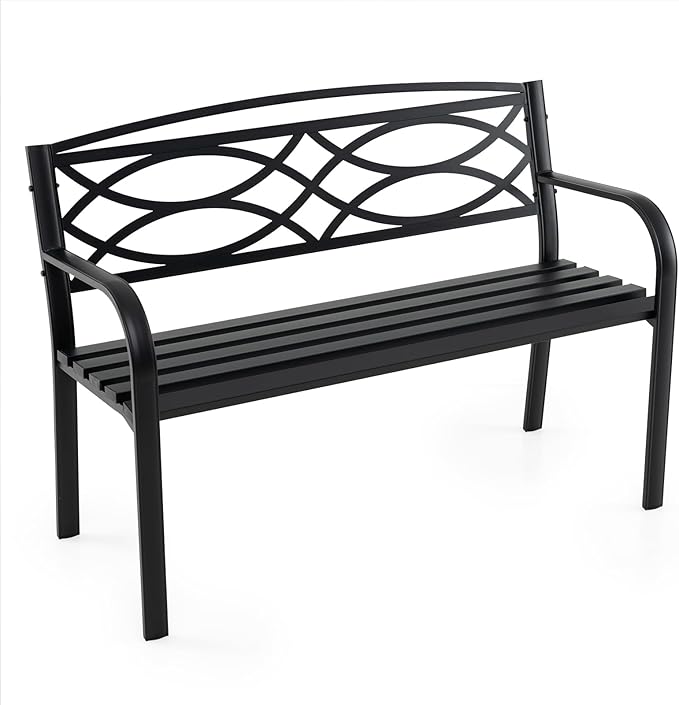 Giantex Outdoor Bench, 45.5” Patio Garden Bench with Backrest, Curved Armrests, Heavy-Duty Metal Frame, Slatted Seat, Outside Patio Seating Furniture for Backyard, Poolside, Porch, Park