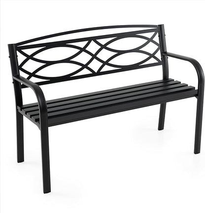 Giantex Outdoor Bench, 45.5” Patio Garden Bench with Backrest, Curved Armrests, Heavy-Duty Metal Frame, Slatted Seat, Outside Patio Seating Furniture for Backyard, Poolside, Porch, Park