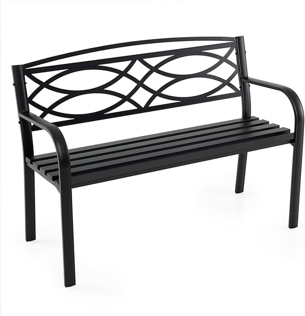 Giantex Outdoor Bench, 45.5” Patio Garden Bench with Backrest, Curved Armrests, Heavy-Duty Metal Frame, Slatted Seat, Outside Patio Seating Furniture for Backyard, Poolside, Porch, Park