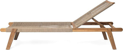 Christopher Knight Home Set of 2 Outdoor Patio Wood Adjustable Chaise Lounges with Rope Seating, Rope Chaise Lounge with Acacia Wood Frame, Chaise Lounge for Poolside, Balcony, Yard, Teak+Beige