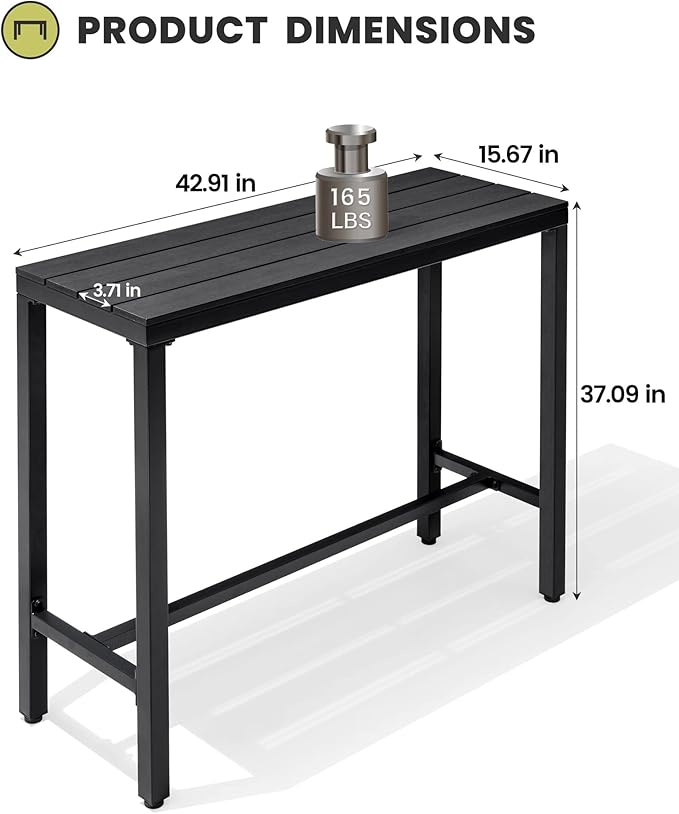 Crestlive Products Outdoor Bar Table, 43'' Rectangle Patio Counter Height Table High Pub Table with Waterproof Top and Sturdy Metal Frame for Balcony, Bistro, Garden, Backyard, Hot Tub(Black)