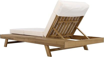 Christopher Knight Home Dami Chaise Lounge Chair Outdoor with 4'' Foldable Cushion, Acacia Wood Poolside Sun Lounger, Space Available On One Side, Adjustable Backrest Pool Lounger, Light Brown+Cream