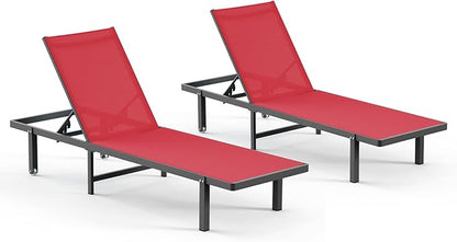 Aluminum Outdoor Lounge Chairs Set of 2, Pool Lounge Chairs with Wheels and 5-Position Recliner -Easy to Move- Patio Chaise Lounge Outdoor for Poolside, Deck, Beach (Red)