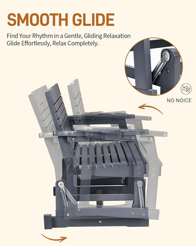 Outvita Patio Glider with Cup Holders, Wooden Outdoor Glider Bench with High Roll Back & Deep Contoured Seat, Smooth Porch Glider Loveseat Heavy Duty 800 Lbs, Gray