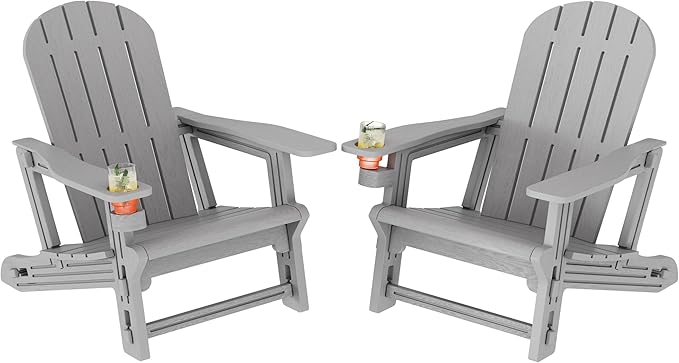 Shintenchi Adirondack Chairs Set of 2,HDPE Adirondack Chairs w/Removable Tablelop & Umbrella Hole,All-Weather Wooden Textured Plastic Outdoor Chairs w/Cup Holders for Garden Backyard Pool,Light Gray
