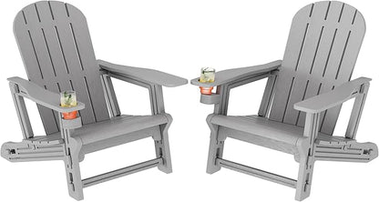 Shintenchi Adirondack Chairs Set of 2,HDPE Adirondack Chairs w/Removable Tablelop & Umbrella Hole,All-Weather Wooden Textured Plastic Outdoor Chairs w/Cup Holders for Garden Backyard Pool,Light Gray
