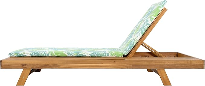 Christopher Knight Home Kayes Acacia Wood Chaise Lounge with 2'' Cushion, Outdoor 79'' Patio Recliner Chair with 4-Position Adjustable Backrest, Sun Lounger for Poolside Backyard, Teak+Green Leaf