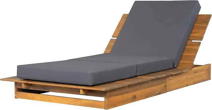 Christopher Knight Home Bard Patio Chaise Lounge Chair Outdoor, Acacia Wood Poolside Sun Lounger with 3-Folds Cushion - Photo 5