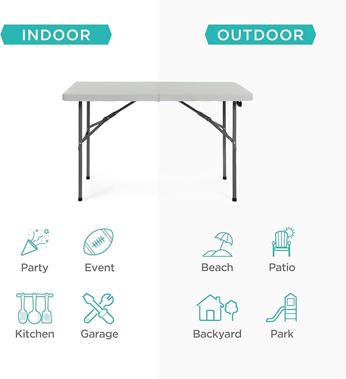 Best Choice Products 4ft Plastic Folding Table, Indoor Outdoor Heavy Duty Portable w/Handle, Lock for Picnic, Party - Photo 4
