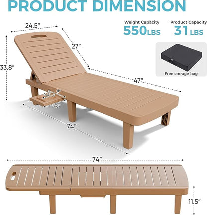 Outdoor Chaise Lounge Set of 4, 5-Position Adjustable Sun Lounge w/Pull-Out Tray, Waterproof PP Lounge Chairs for Outside, Lounge Chairs for Poolside, Patio, Beach, Yard in All Weather,Brown
