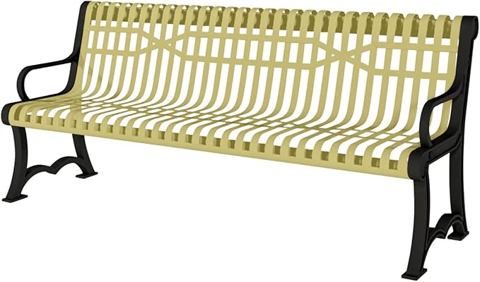COATEDOUTDOORFURNITURE Coated Outdoor Furniture Heavy-Duty Outdoor Bench Thermoplastic Coated, Slatted Steel, Commercial-Grade Garden Bench, Made in America (Portable with Back, 4 Ft, Textured Sand)