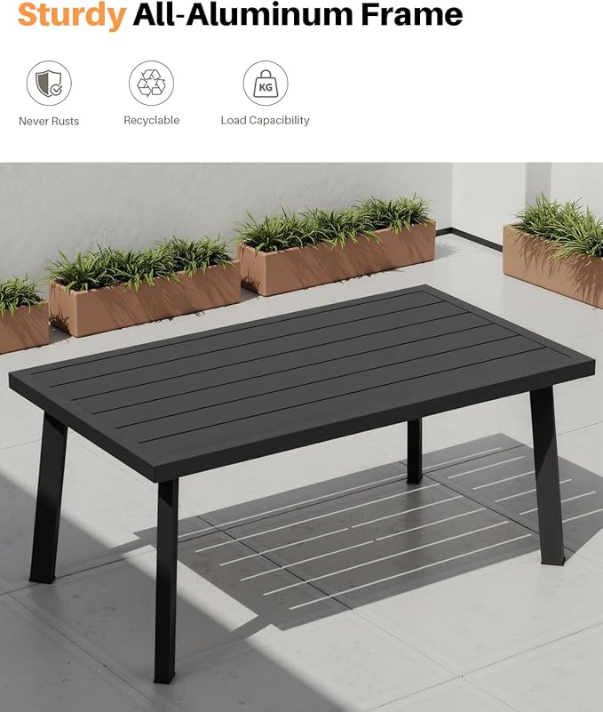 Patio Coffee Table, Never-Rust Aluminum Outdoor Coffee Table with Wood Grain Texture, Modern Rectangle Garden Coffee Table with Slatted Tabletop for Poolside, Decks, Indoor, Backyard, Black | Never-Rust, Slatted Tabletop
