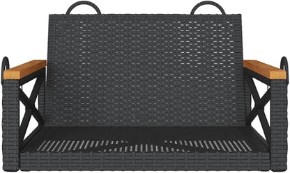 Modern 1-Seater Swing Chair Bench Black PE Rattan with Powder-Coated Steel Frame and Solid Acacia Wood for Outdoor Patio Garden Relaxation Lounging