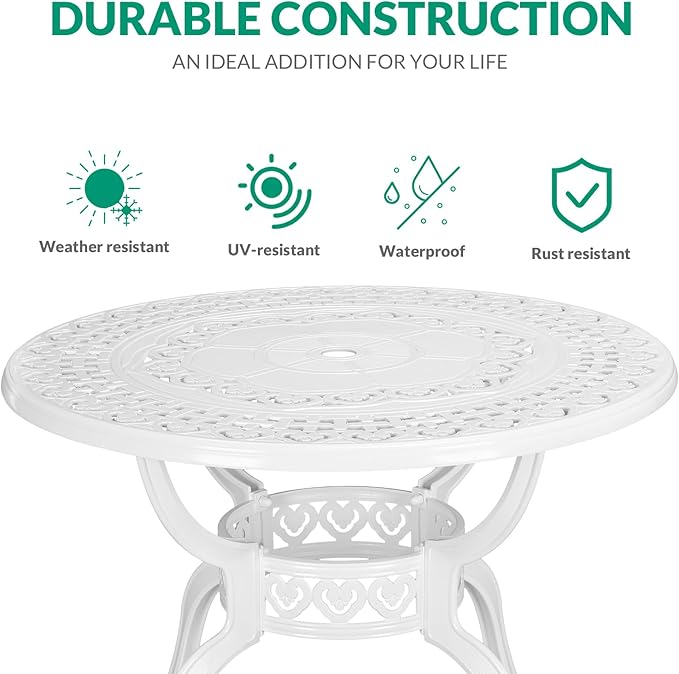 VIVIJASON 38.5" Patio Bistro Table Outdoor Dining Round Table White Cast Aluminum Table with Umbrella Hole