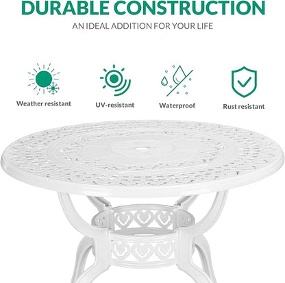 VIVIJASON 38.5" Patio Bistro Table Outdoor Dining Round Table White Cast Aluminum Table with Umbrella Hole