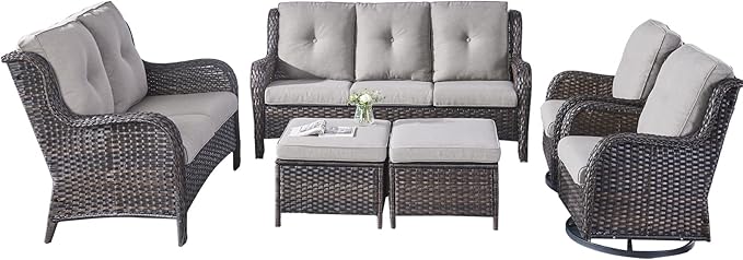 Rilyson Wicker Patio Furniture Set - 6 Piece Rattan Outdoor Sectional Conversation Sets with 2 Rocking Swivel Chairs - Photo 2
