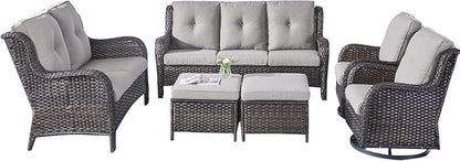 Rilyson Wicker Patio Furniture Set - 6 Piece Rattan Outdoor Sectional Conversation Sets with 2 Rocking Swivel Chairs,2 Ottomans,1 Sofa and 1 Loveseat for Porch Deck Garden(Brown/Grey)