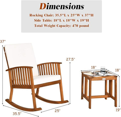 Tangkula Acacia Wood Patio Bistro Set, Outdoor Rocking Chair with Table, Porch Rocker with Thick Cushion of Detachable Cover, Porch Rocking Chair Table Set for Outdoor Indoor Patio Backyard, Teak