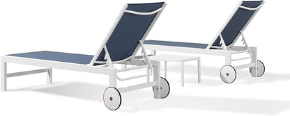 PURPLE LEAF Outdoor Chaise Lounge Chairs Set of 2 White Aluminum Lounge Chair Five-Position Adjustable Chaise with Wheels and Table for Pool Deck Patio, Indigo