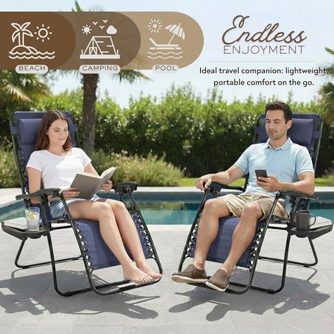 2-Pack Adjustable Zero Gravity Lounge Chair with Steel Mesh Fabric: Reclining Lawn Chair Featuring Comfort Pillow - Photo 3