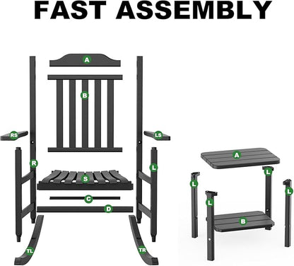 5 Piece Outdoor Rocking Bistro Set, Rocking Chairs Outdoor Furniture, Resin Waterproof Sun-Proof Patio Furniture Set for Garden, Pool, Backyard（5, Black）