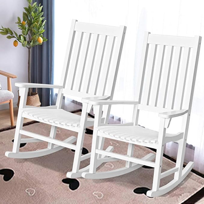 Giantex Rocking Chair Acacia Wood Frame, Porch Rocker Outdoor& Indoor for Garden, Lawn, Balcony, Backyard and Patio Porch Rocker (2, White)